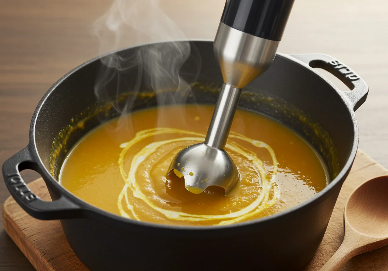 Misturando a sopa de tomate com um liquidificador de imersão para obter uma textura cremosa.