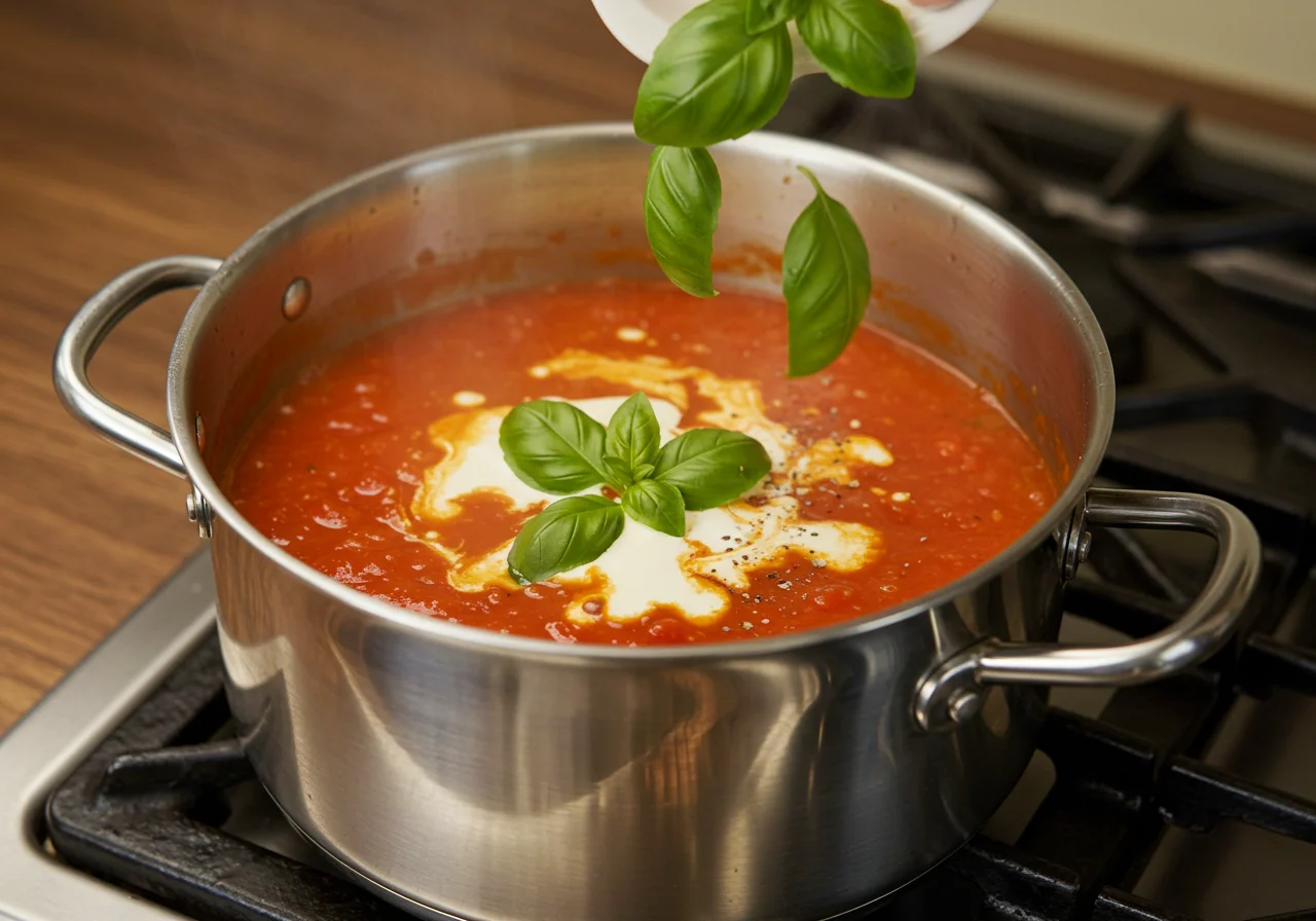 Adicionando manjericão e creme à sopa de tomate para o toque final.