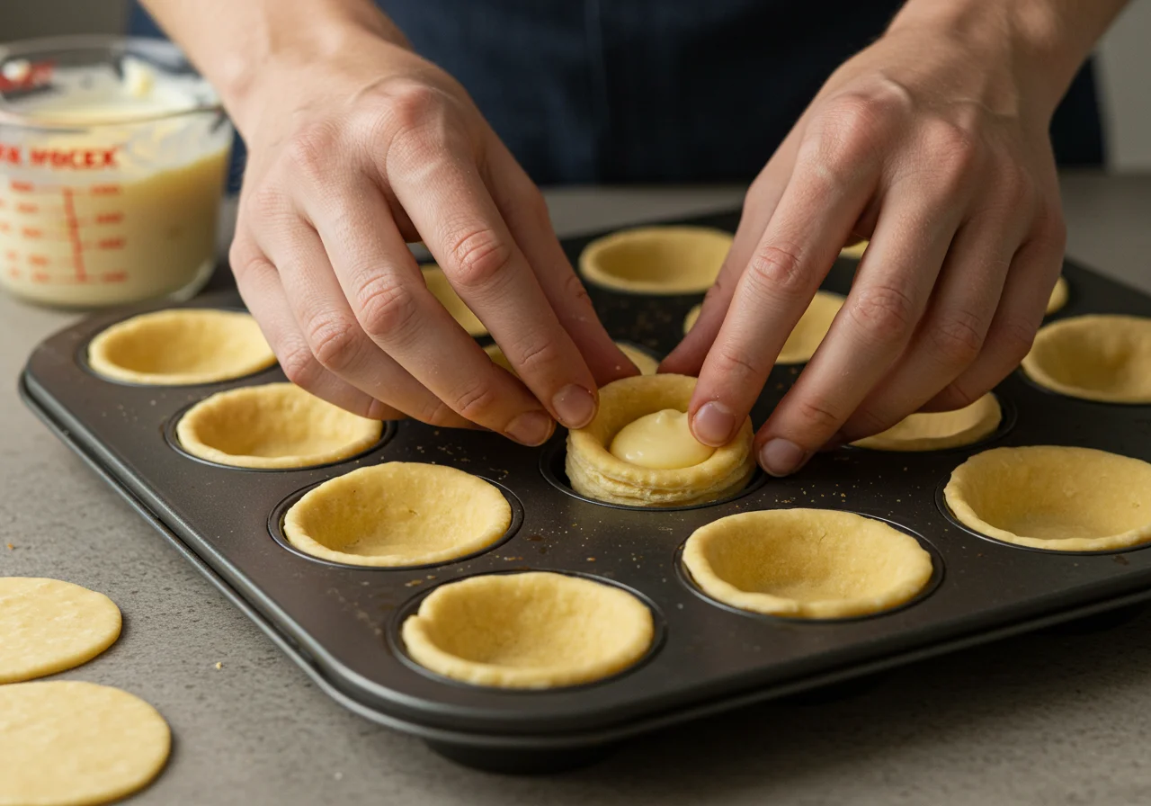 Puff pastry circles in a cupcake tray for receita de tarte de natas preparation.