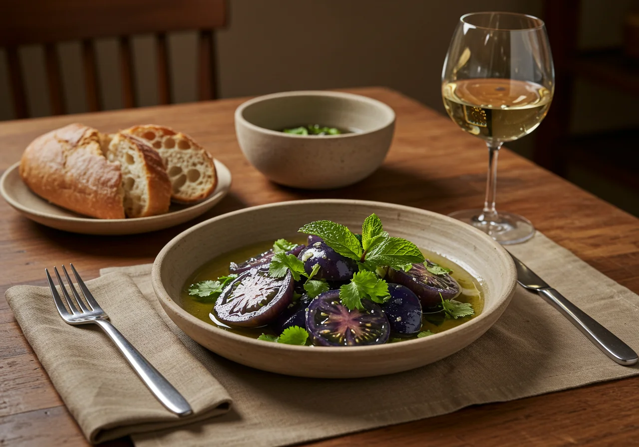 Finished Tomate Azul Refogado, highlighting colorful blue tomatoes, perfect for a delicious meal.