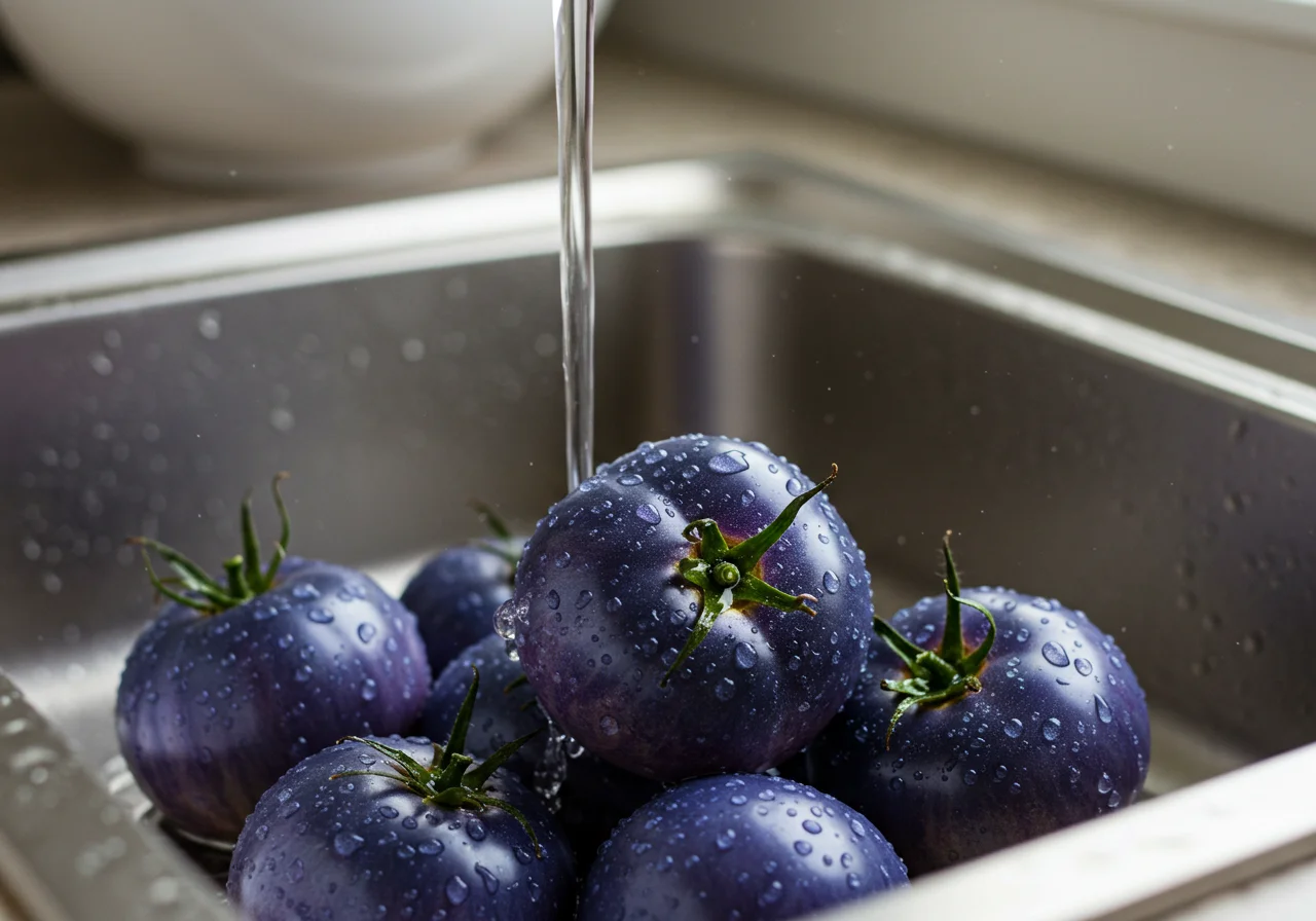 Blue tomatoes being washed for the preparation of Tomate Azul Refogado.