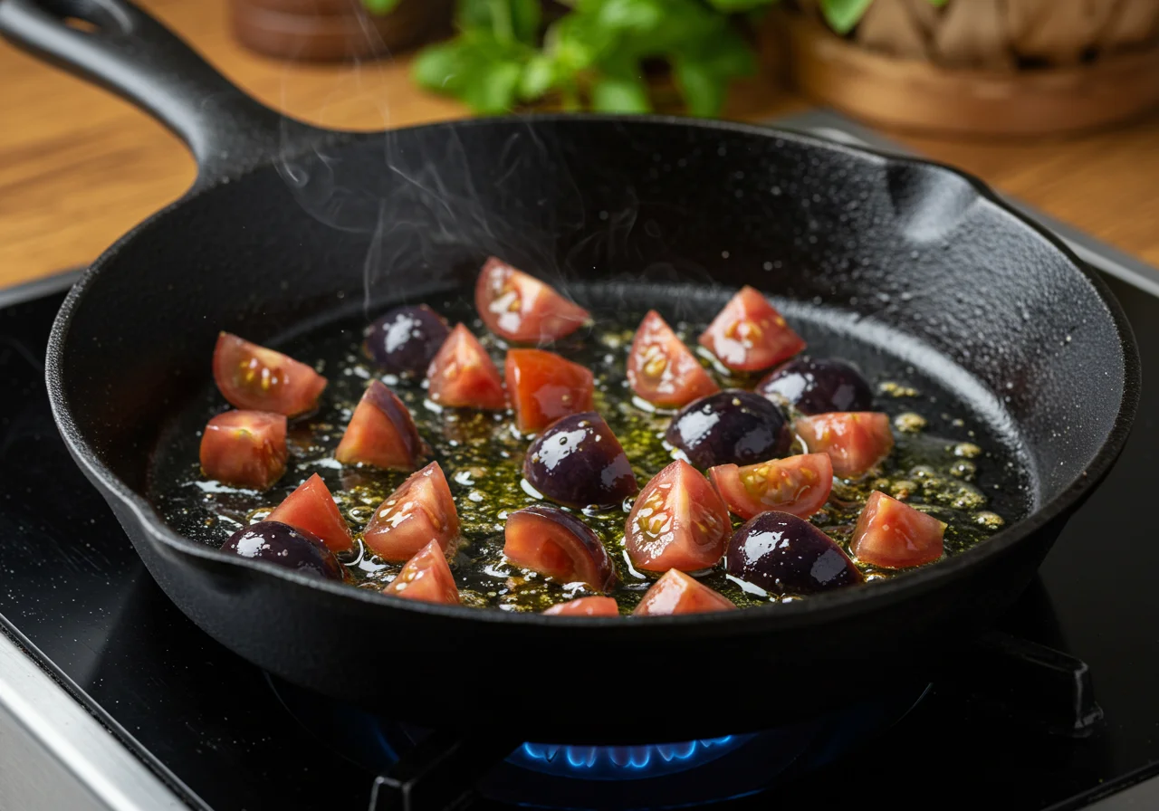 Chopped blue tomatoes cooking in a skillet for Tomate Azul Refogado recipe.