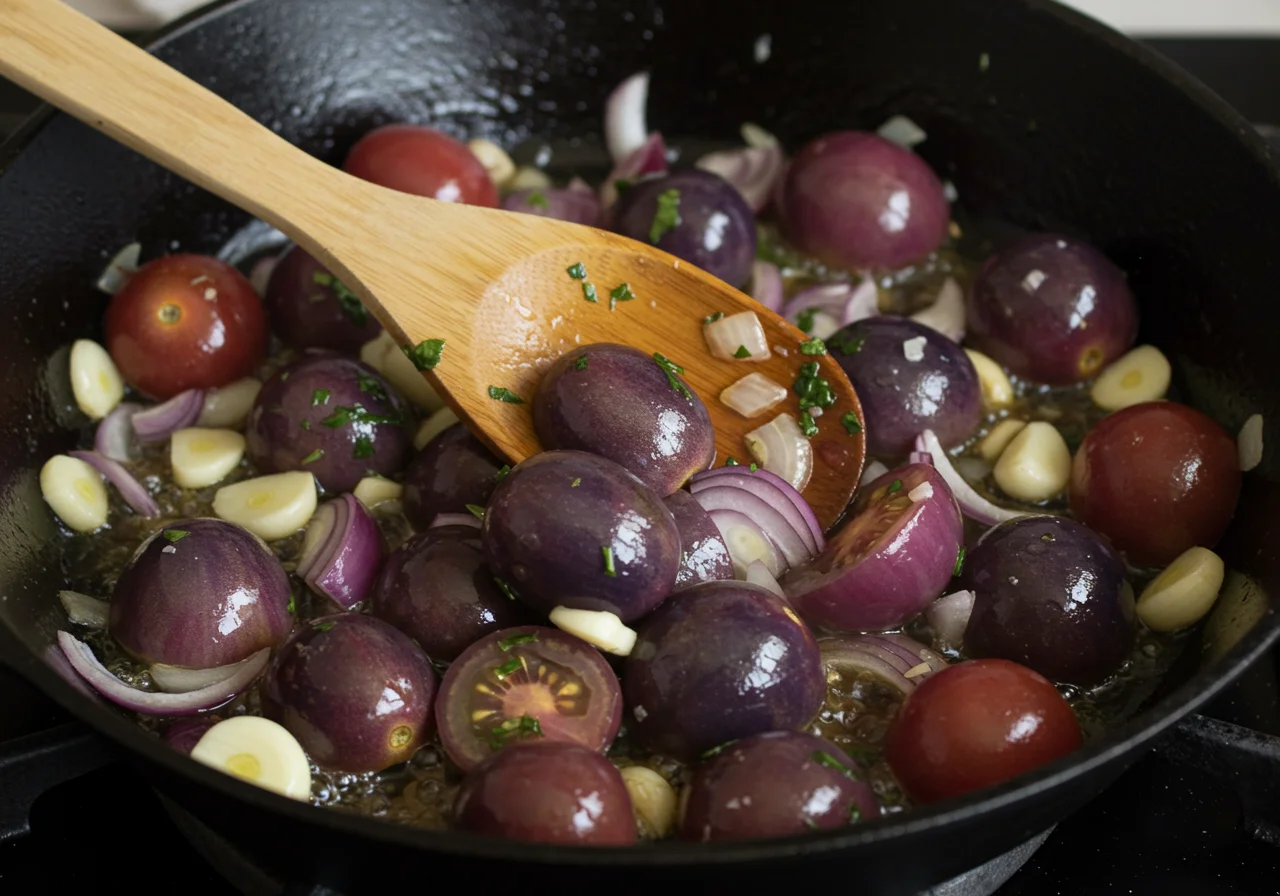 Blue tomatoes being sautéed with onions and garlic for delicious Tomate Azul Refogado.