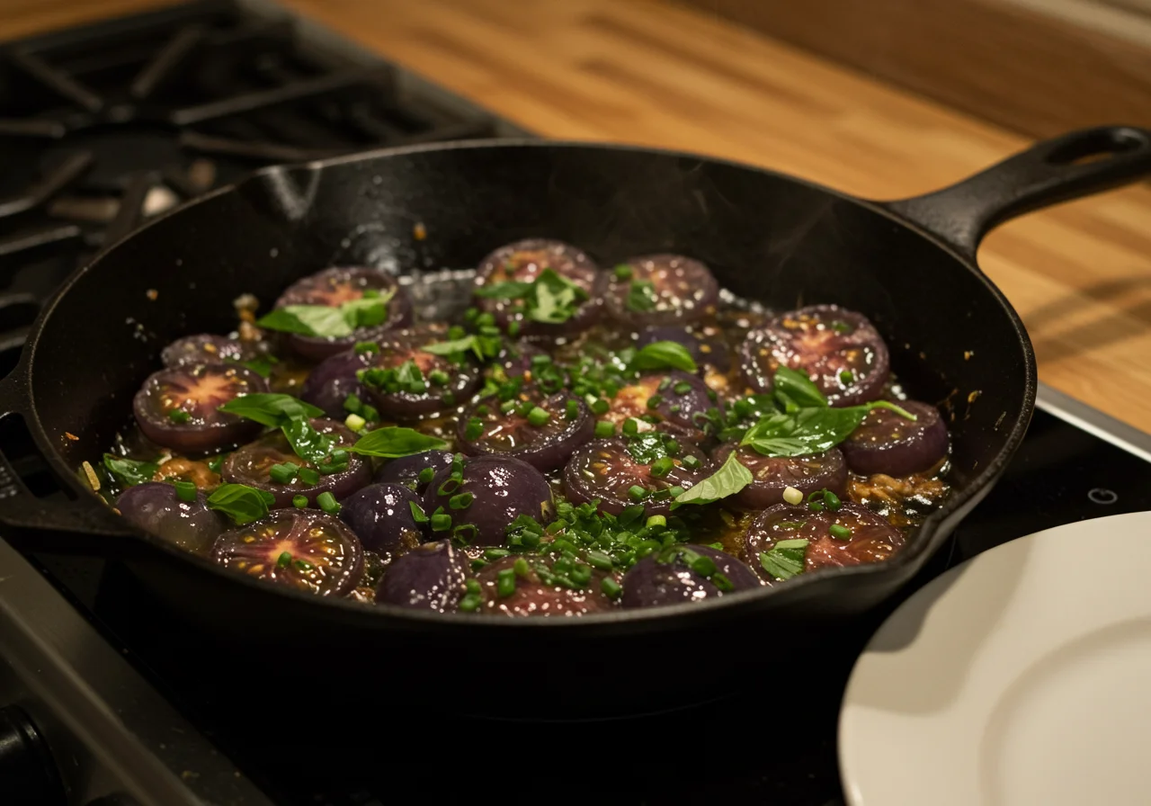 Cooked blue tomato mixture ready for serving in Tomate Azul Refogado recipe.