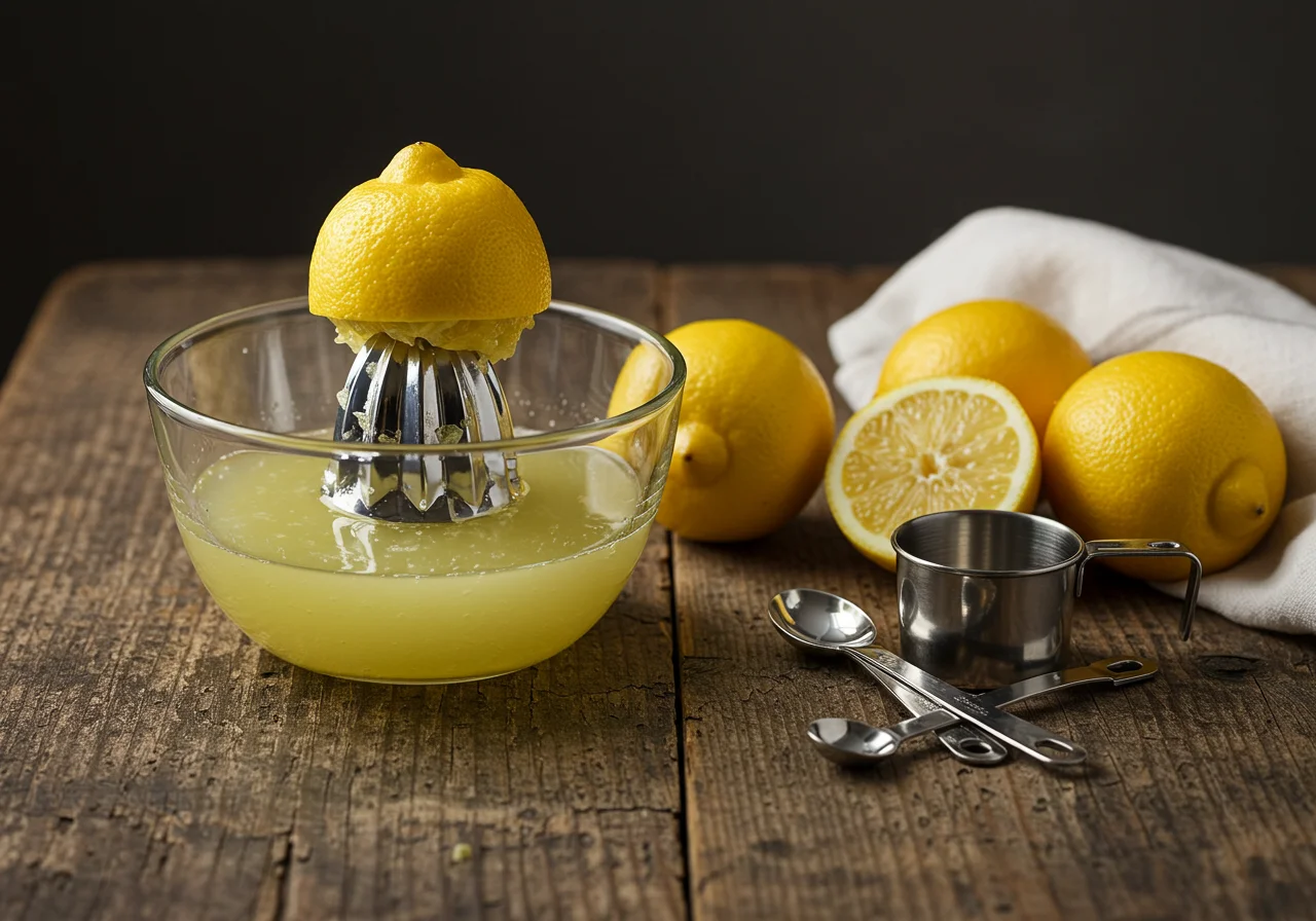 Lemon juice prepared for leite mimosa caseiro, ready to add flavor.
