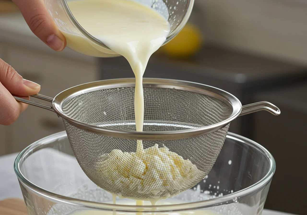 Straining the leite mimosa mixture to achieve a smooth texture for serving.