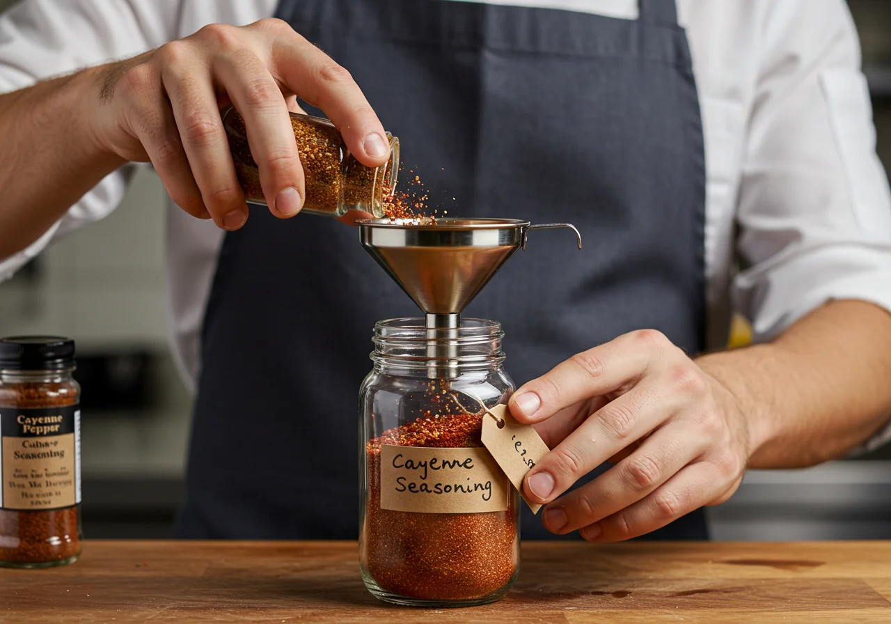Spices being poured into a jar for homemade pimenta caiena seasoning.