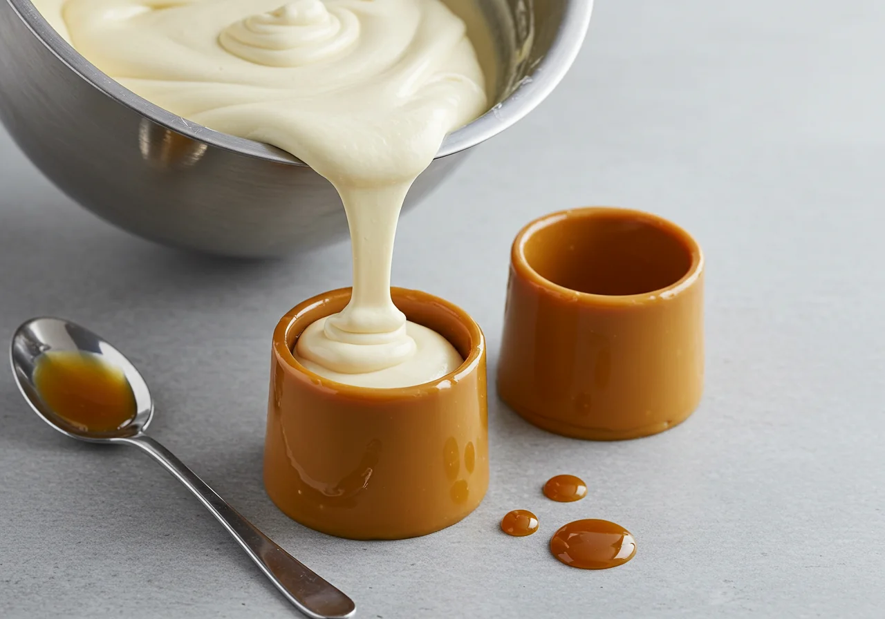 Pouring the smooth mixture into a caramel-coated mold for pudim proteico.