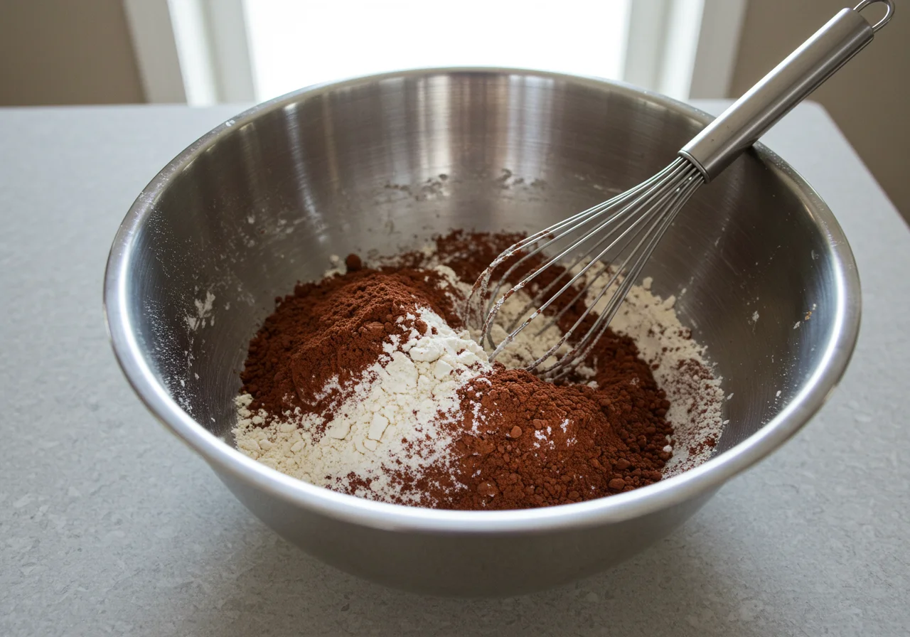 Preparação dos ingredientes secos para o Bolo de Chocolate com Framboesas.
