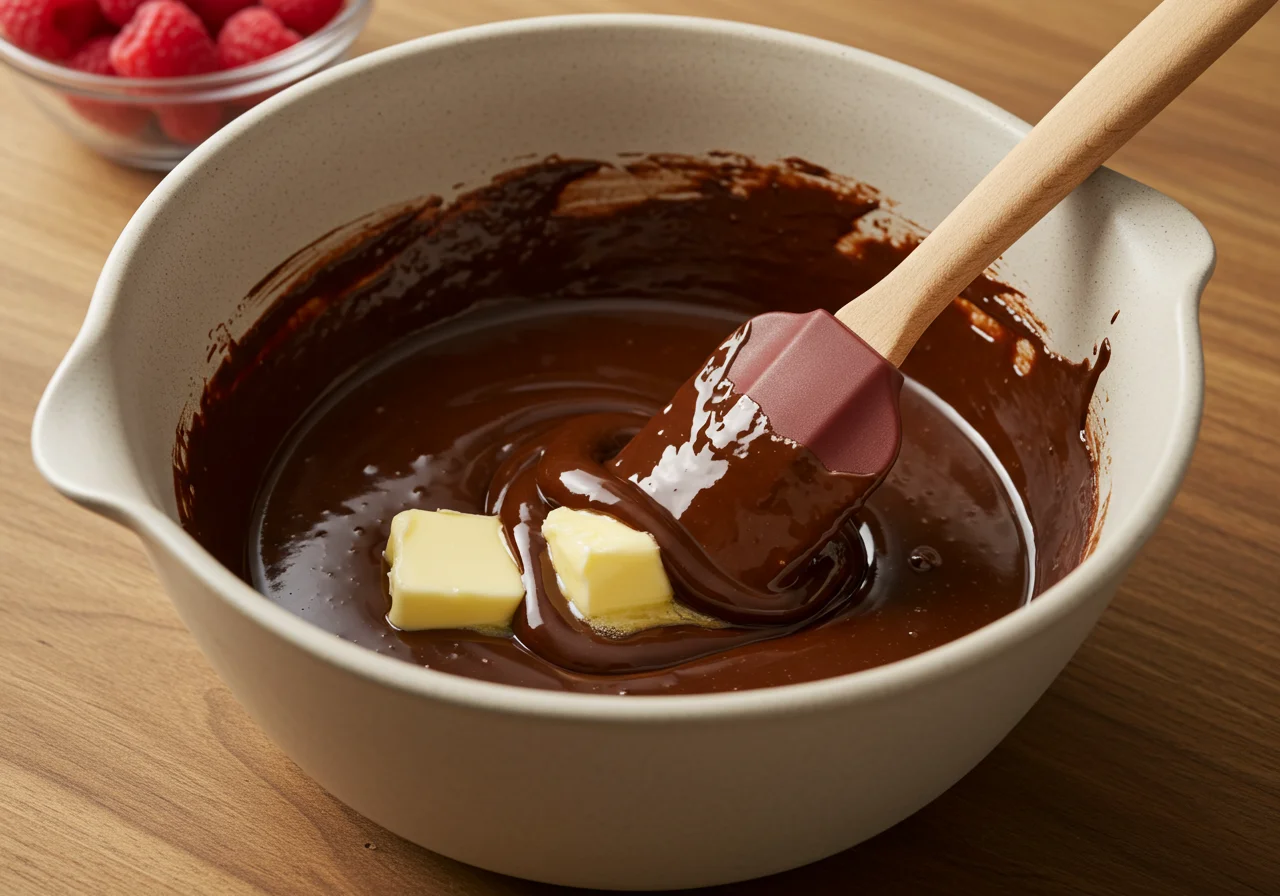 Mistura de chocolate derretido com manteiga para o Bolo de Chocolate com Framboesas.