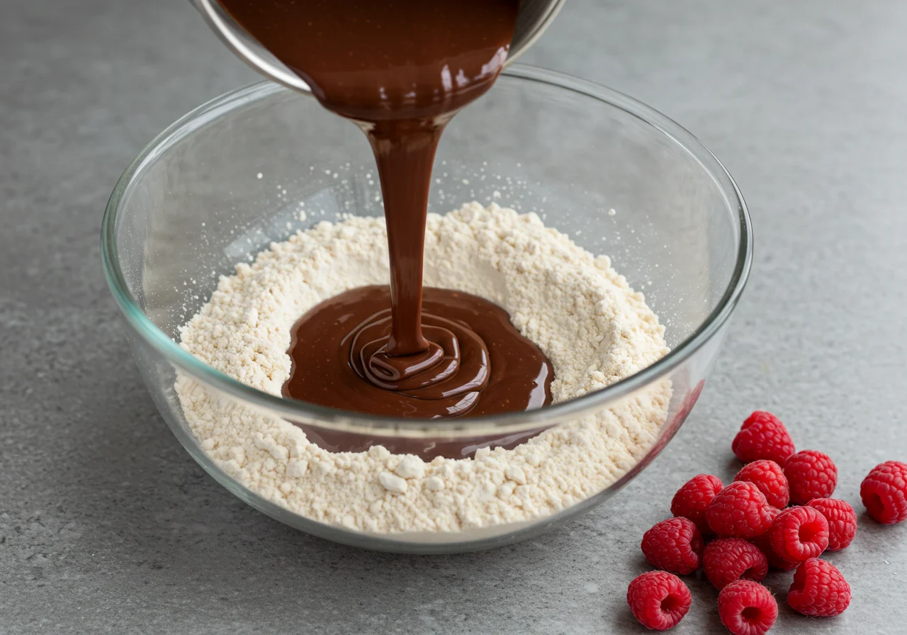 Mistura de chocolate sendo adicionada aos ingredientes secos para o Bolo de Chocolate com Framboesas.