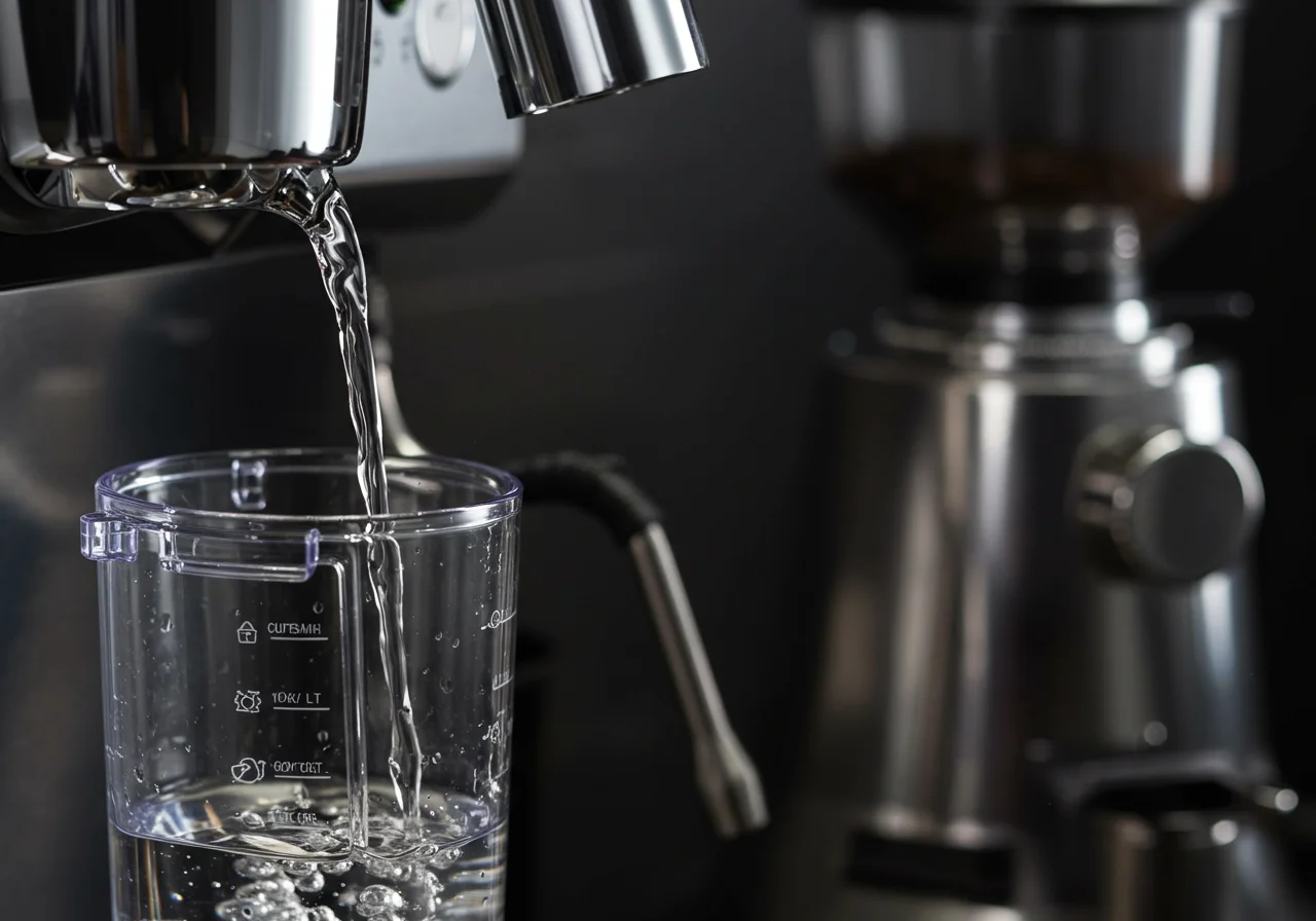 Água sendo adicionada à máquina de café automática enquanto o moedor de café está atrás.