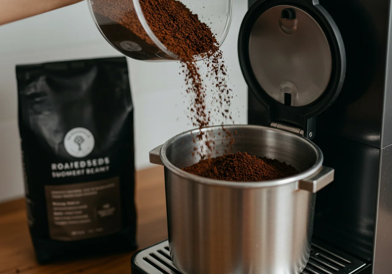 Café moído sendo colocado no cesto de filtro da máquina de café automática para uma preparação perfeita.