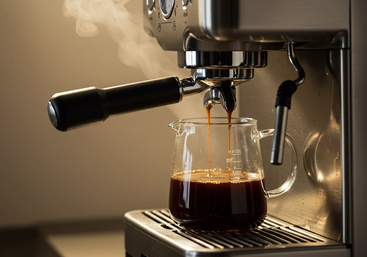 Processo de preparo em uma máquina de café automática com vapor e café gotejando para a jarra de vidro.