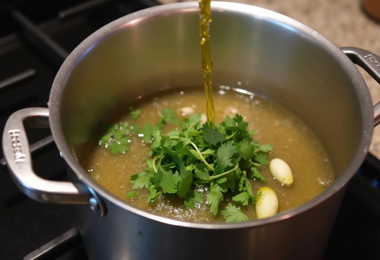 Caldo de água com alho e coentro sendo preparado para Açorda à Alentejana Rústica.