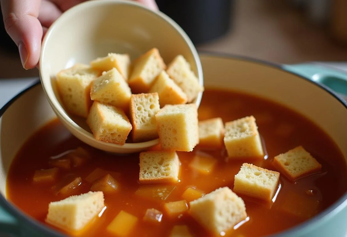 Pão sendo adicionado ao caldo saboroso para Açorda à Alentejana Rústica.