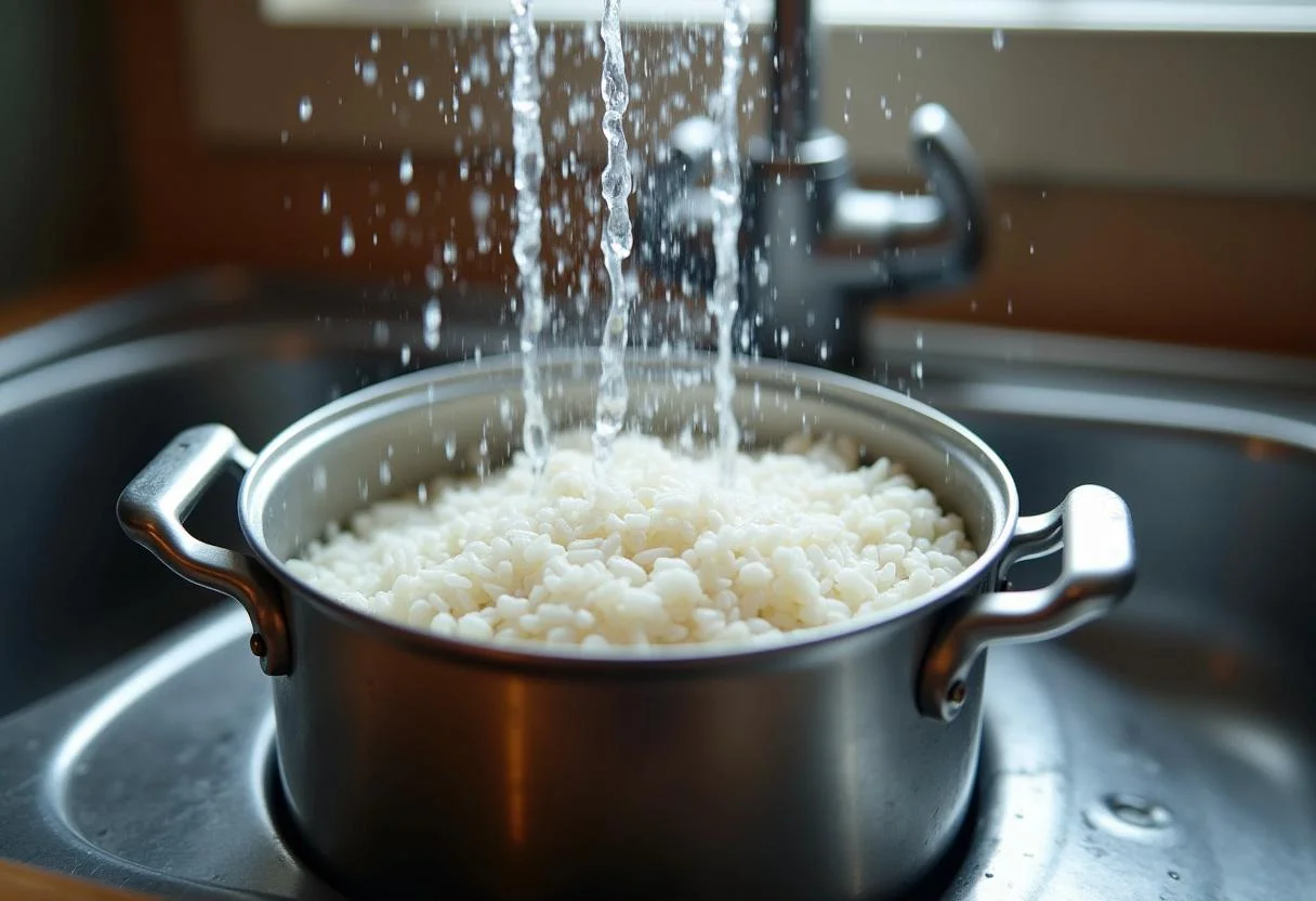 Arroz sendo lavado para preparar Arroz Doce Cremoso.