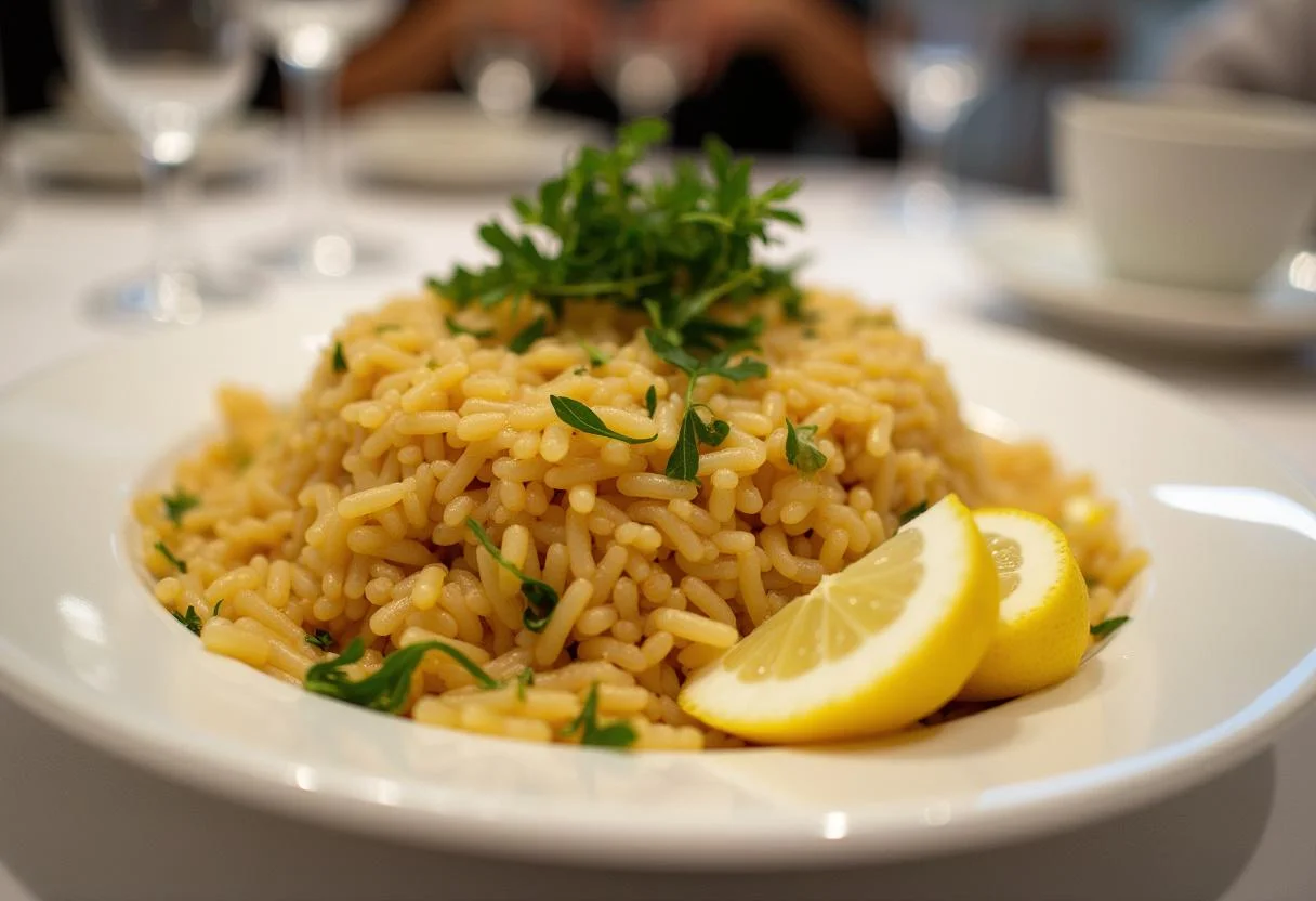 Prato de Arroz de Lampreia Tradicional servido, pronto para um jantar especial.