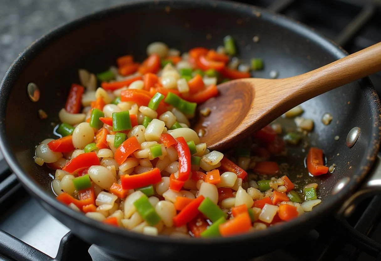 Cebolas, alho e pimentos sendo refogados em azeite para Arroz de Marisco à Moda de Espinho Saboroso.