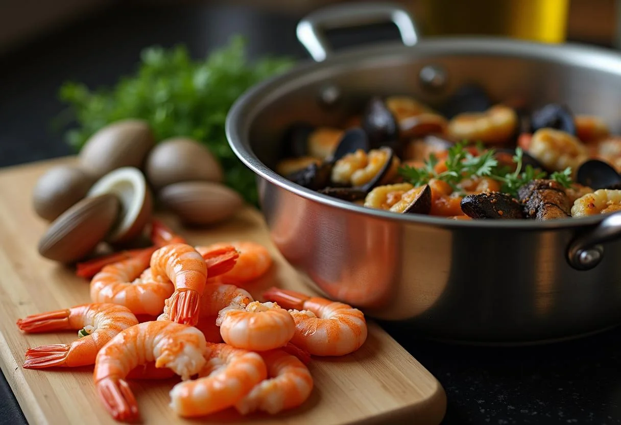 Frutos do mar frescos prontos para serem adicionados ao Arroz de Marisco à Moda de Espinho Saboroso.