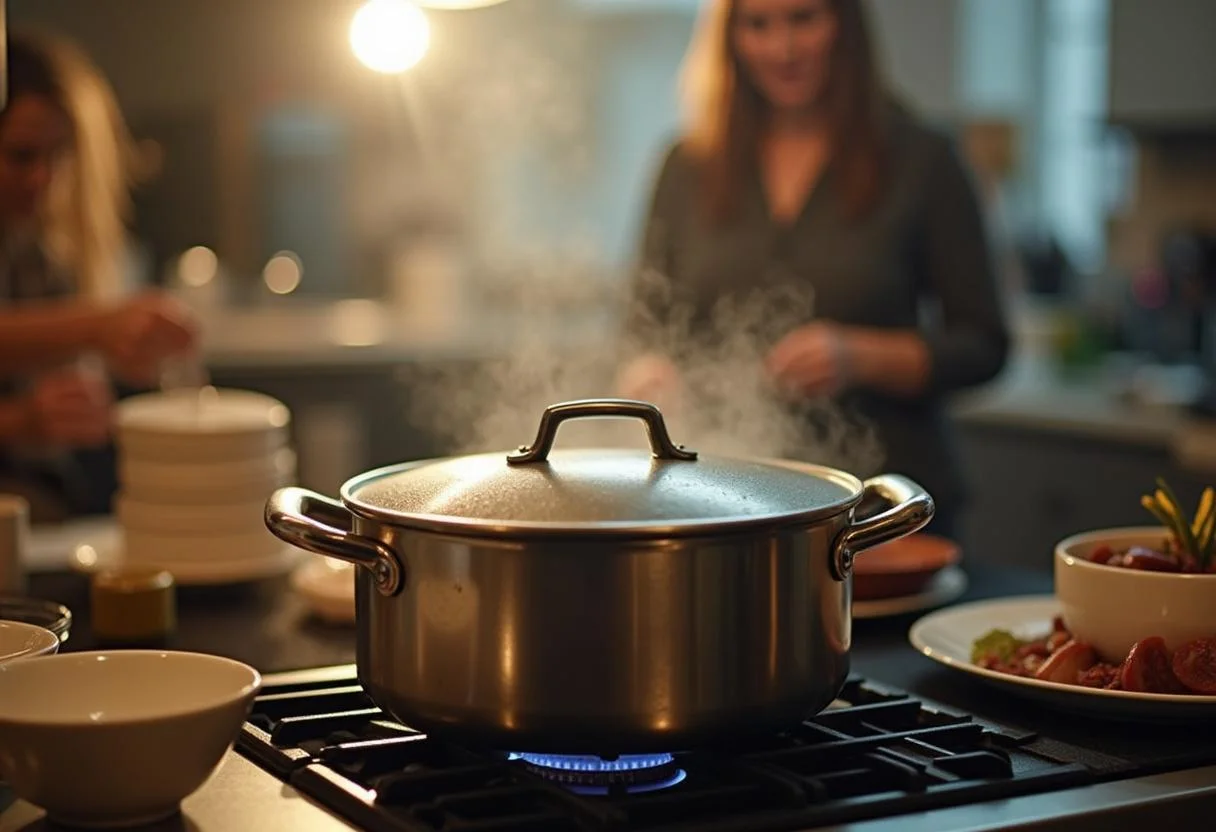 Tampa sendo colocada sobre a panela de Arroz de Marisco à Moda de Espinho Saboroso enquanto cozinha.