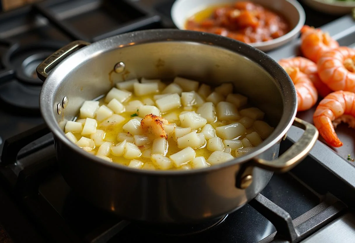 Sautéing onions and garlic in olive oil for Arroz de Marisco à Moda de Figueira da Foz Rico.