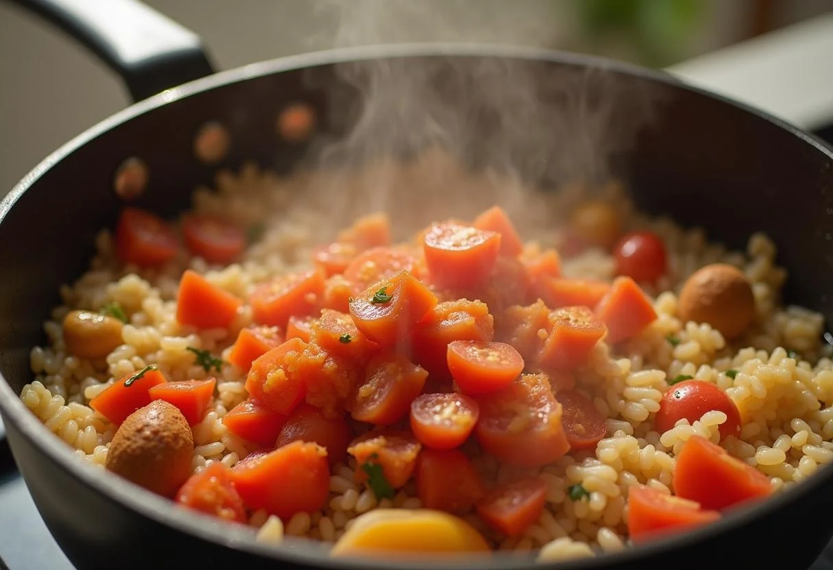 Adding rice and tomatoes to the pot for Arroz de Marisco à Moda de Figueira da Foz Rico.