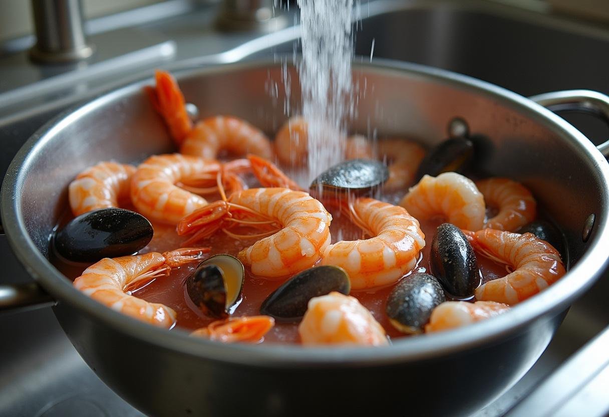 Mistura de frutos do mar sendo lavada para preparar Arroz de Marisco à Moda de Matosinhos Fresco.