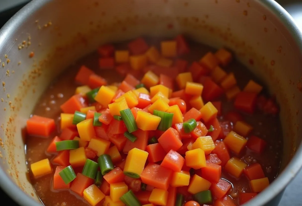 Tomates e pimentões sendo adicionados ao refogado para o arroz de marisco.