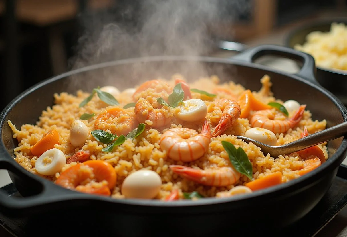 Arroz de marisco à moda de Matosinhos Fresco cozinhando em uma panela grande.