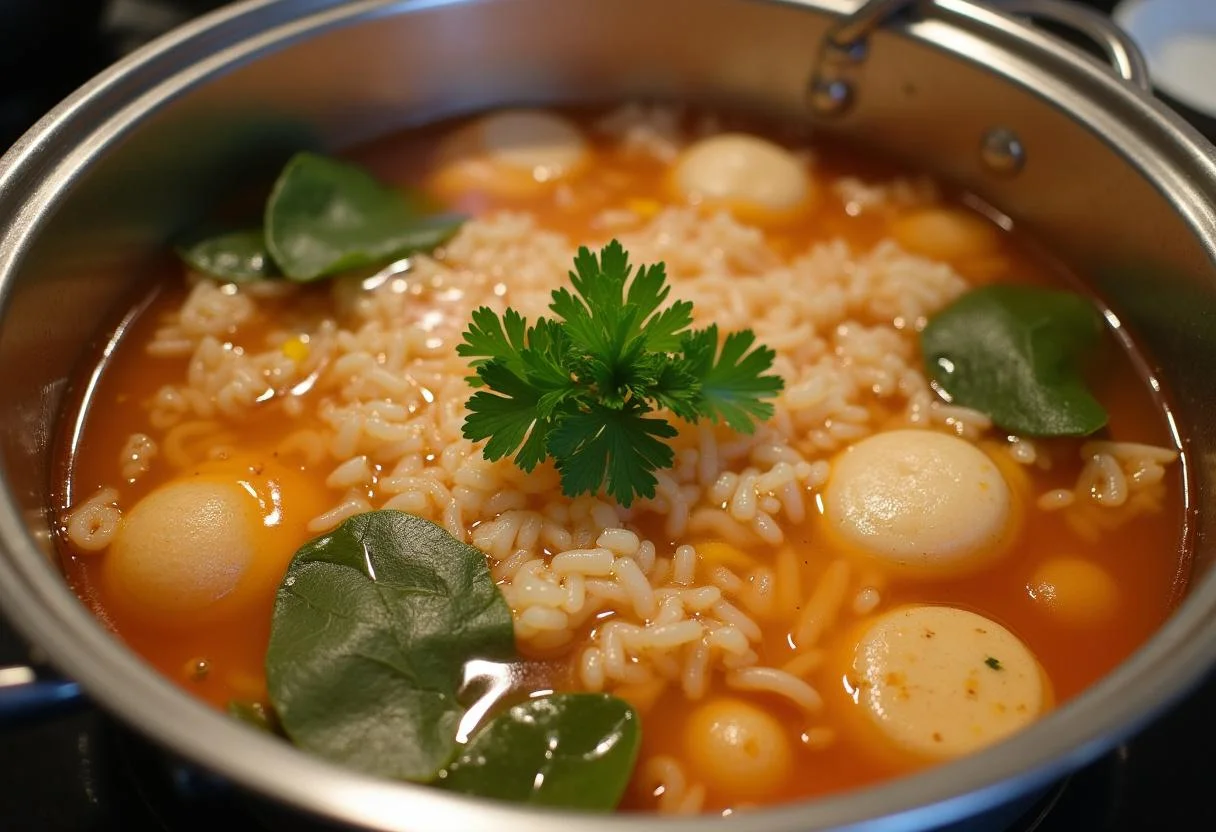 Simmering seafood broth prepared for Arroz de Marisco à Moda de Nazaré Rico recipe.