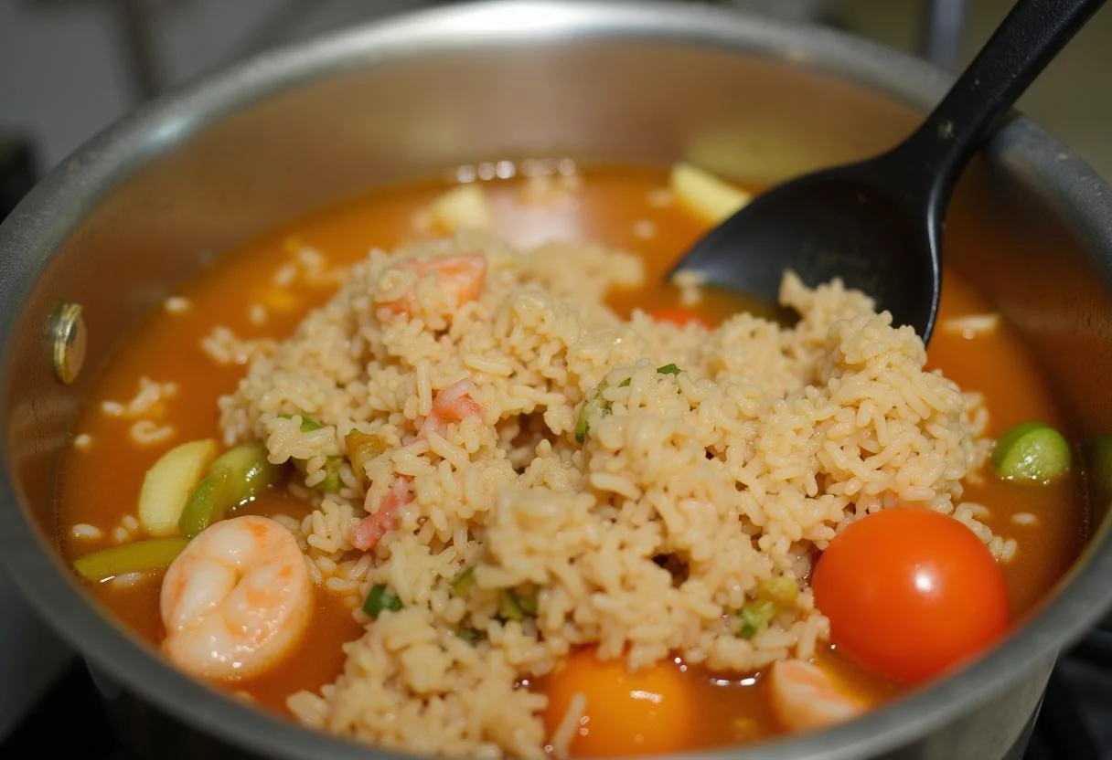 Stirring rice with seafood and vegetables in the pot for Arroz de Marisco à Moda de Nazaré Rico.