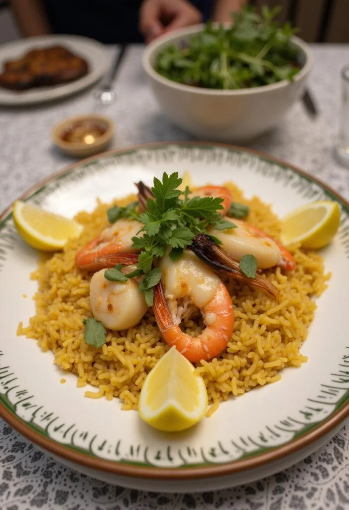 Finished Arroz de Marisco à Moda de Peniche Fresco, an appealing seafood rice dish with garnishes.