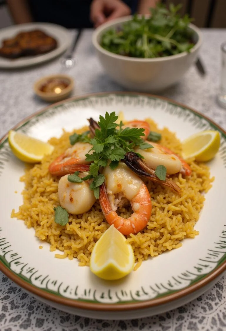 Finished Arroz de Marisco à Moda de Peniche Fresco, an appealing seafood rice dish with garnishes.