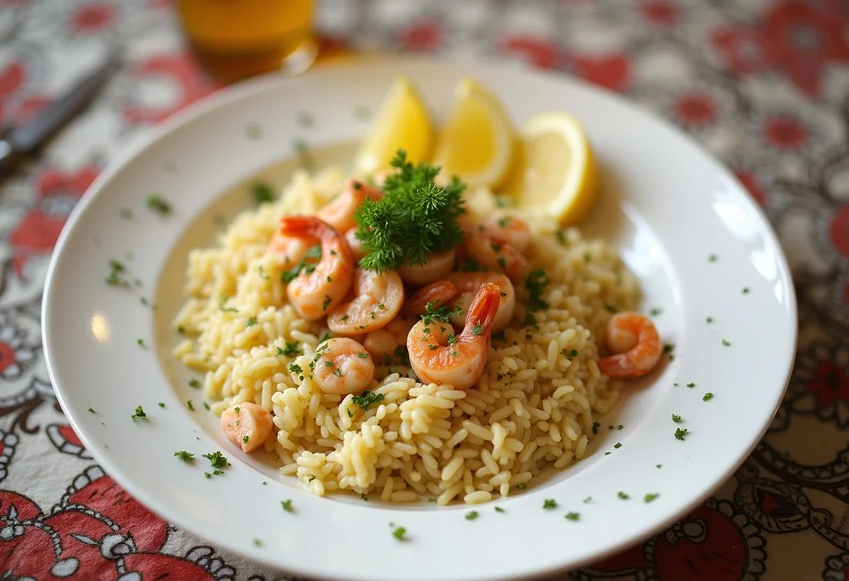 Finished Arroz de Marisco à Moda de Peniche Fresco, an appealing seafood rice dish with garnishes.