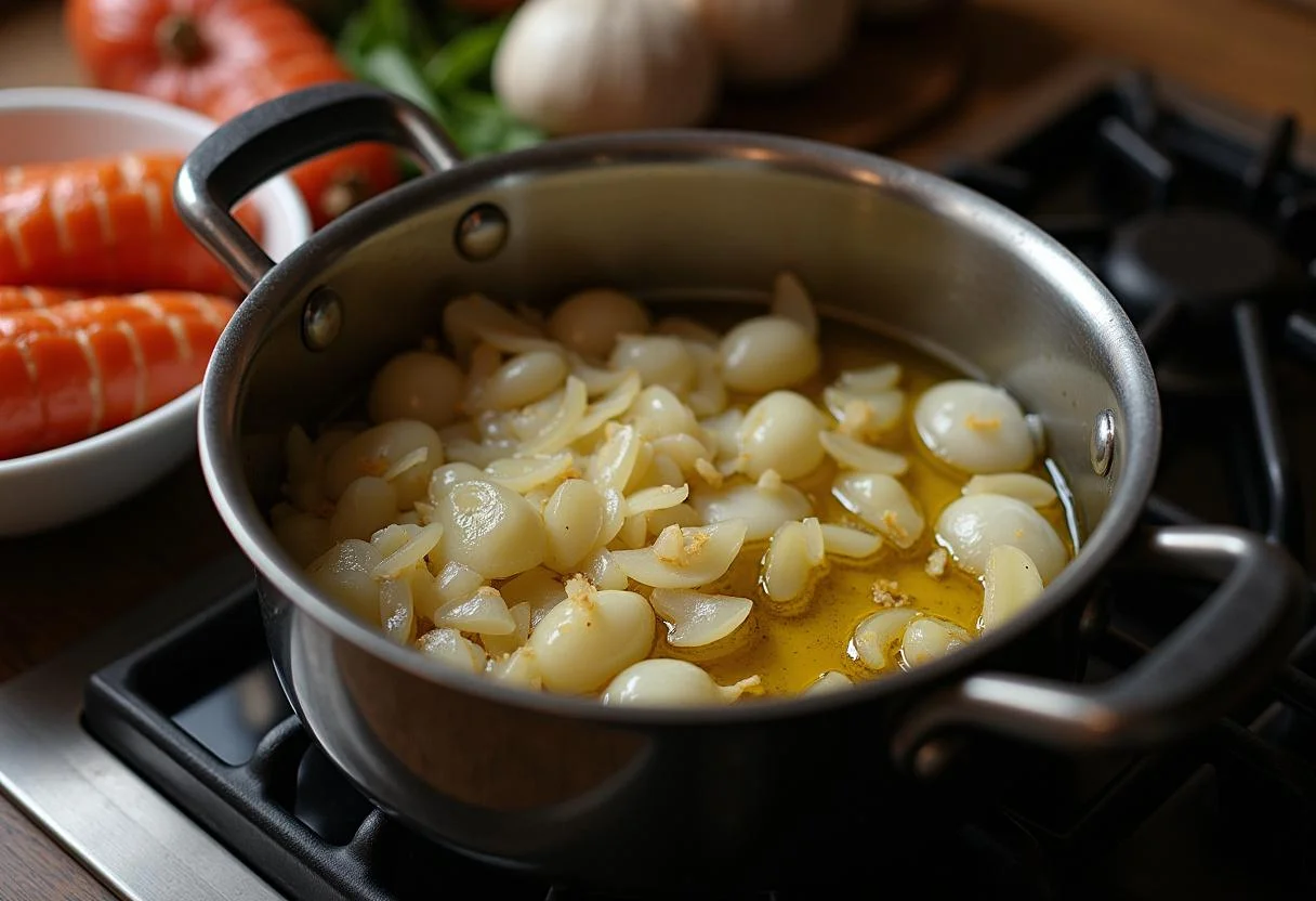 Cooking onions and garlic in olive oil for Arroz de Marisco à Moda de Peniche Fresco.