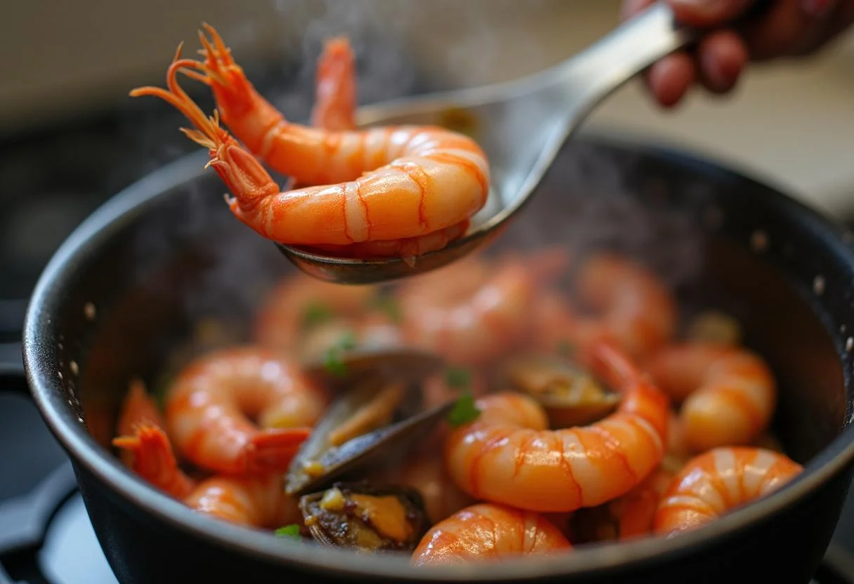 Adding fresh shrimp and mussels to the pot for Arroz de Marisco à Moda de Peniche Fresco.