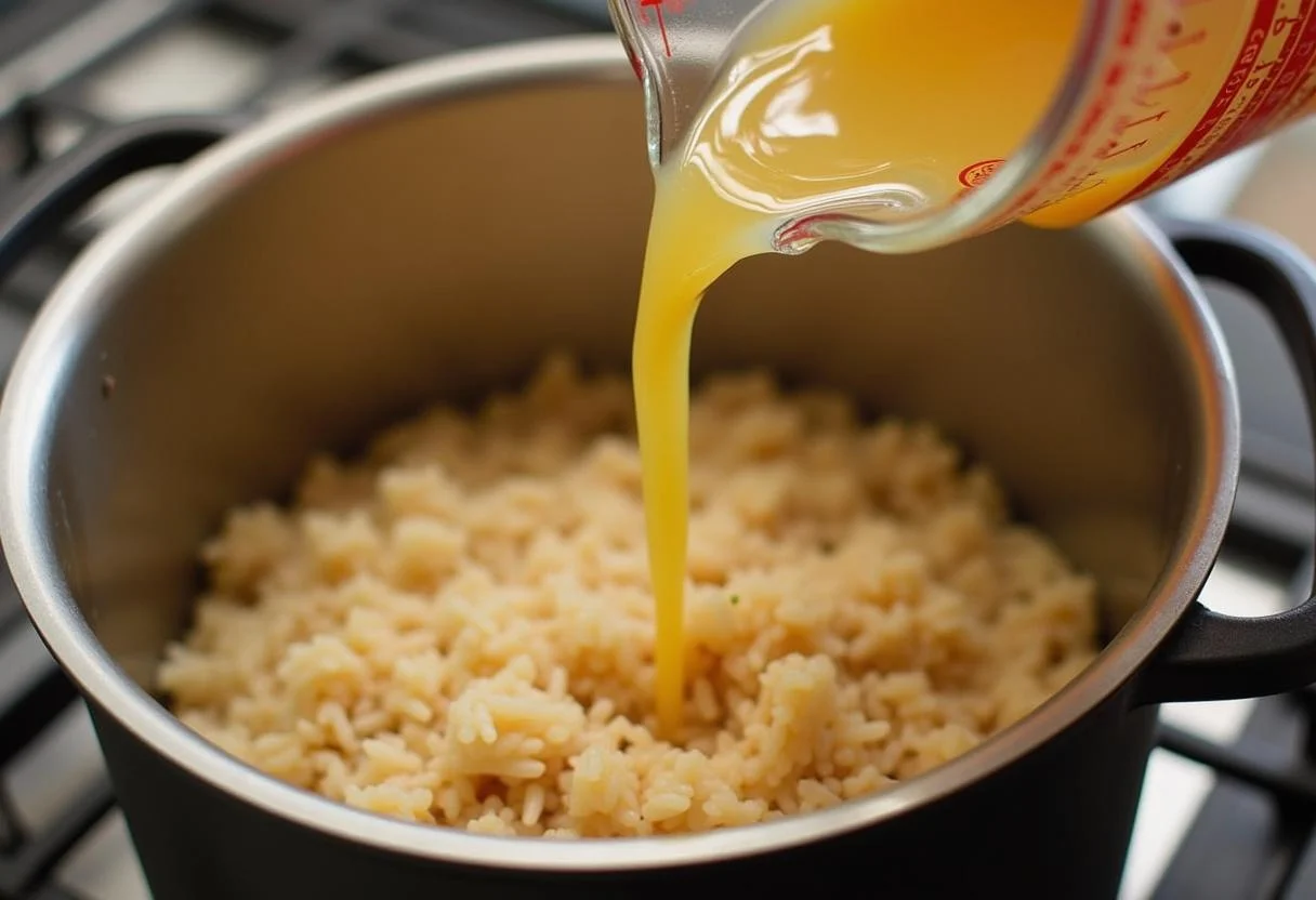 Stirring rice into the seafood mixture for Arroz de Marisco à Moda de Peniche Fresco.