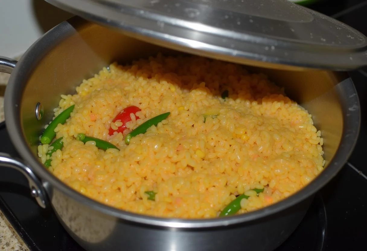 Simmering Arroz de Marisco à Moda de Peniche Fresco on the stove, rich in flavors and colors.