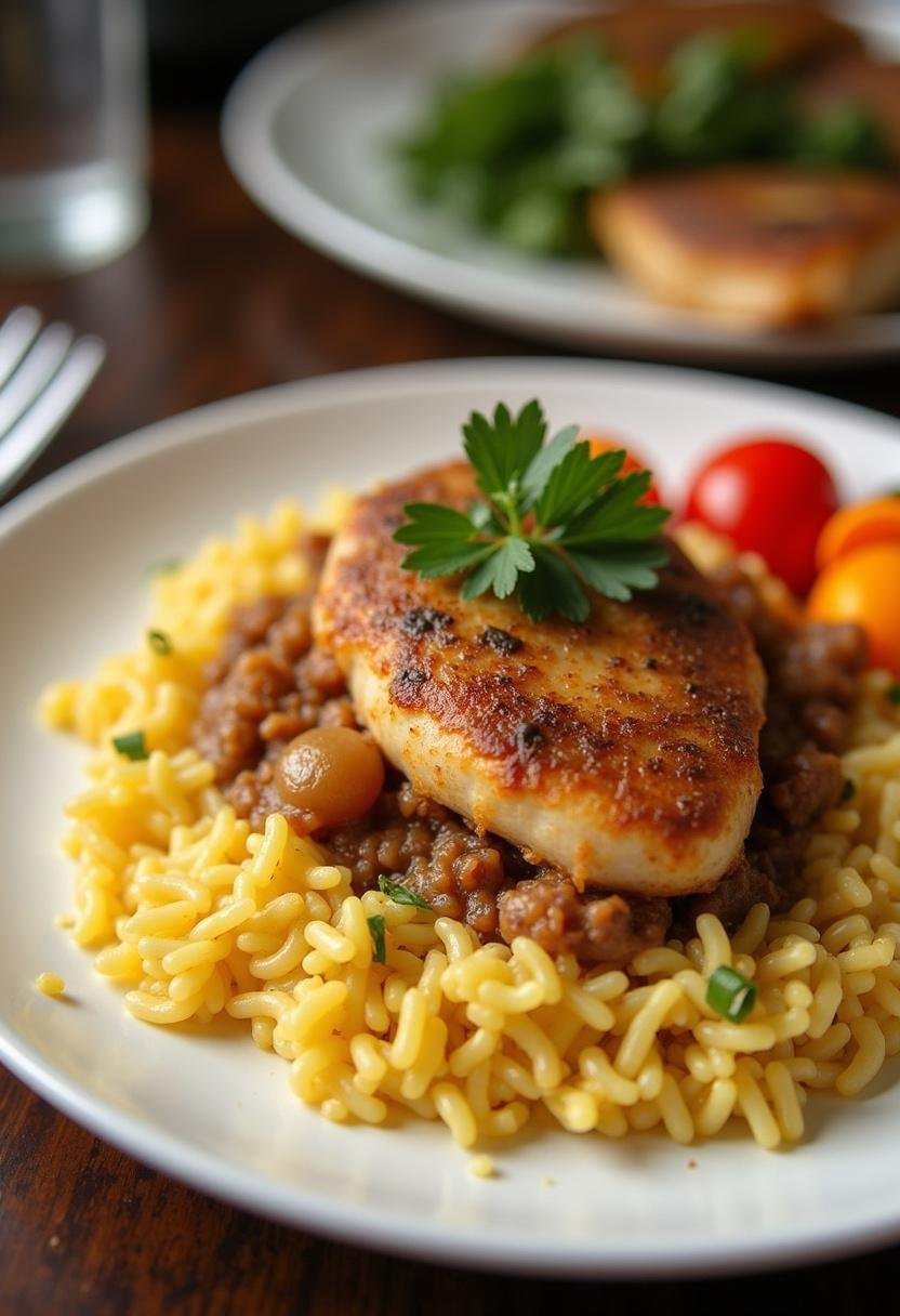 Arroz de Pato Delicioso servido com vegetais coloridos, destacando sua apresentação incrível.