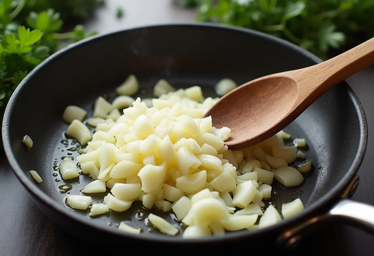 Cebolas e alho refogados em azeite para a receita de Bacalhau Espiritual Reconfortante.