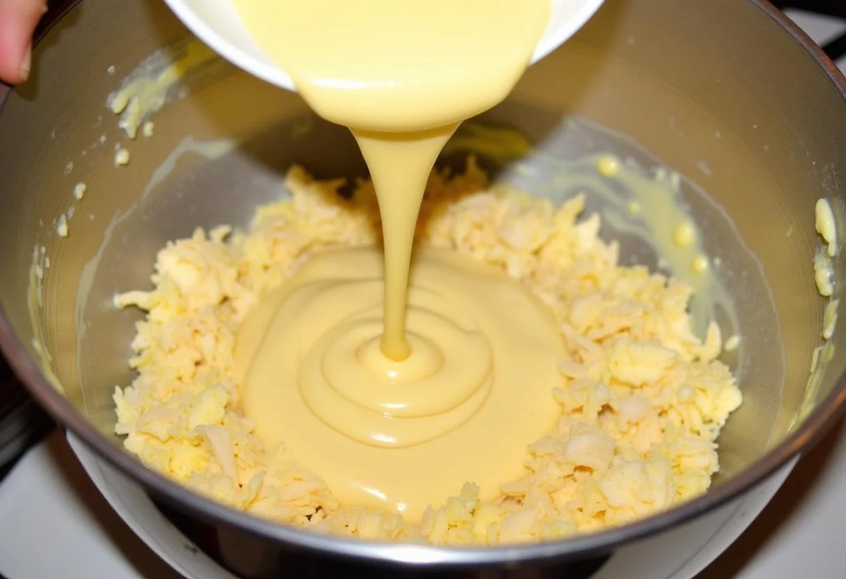 Mistura de bacalhau desfiado e molho béchamel na receita de Bacalhau Espiritual Reconfortante.