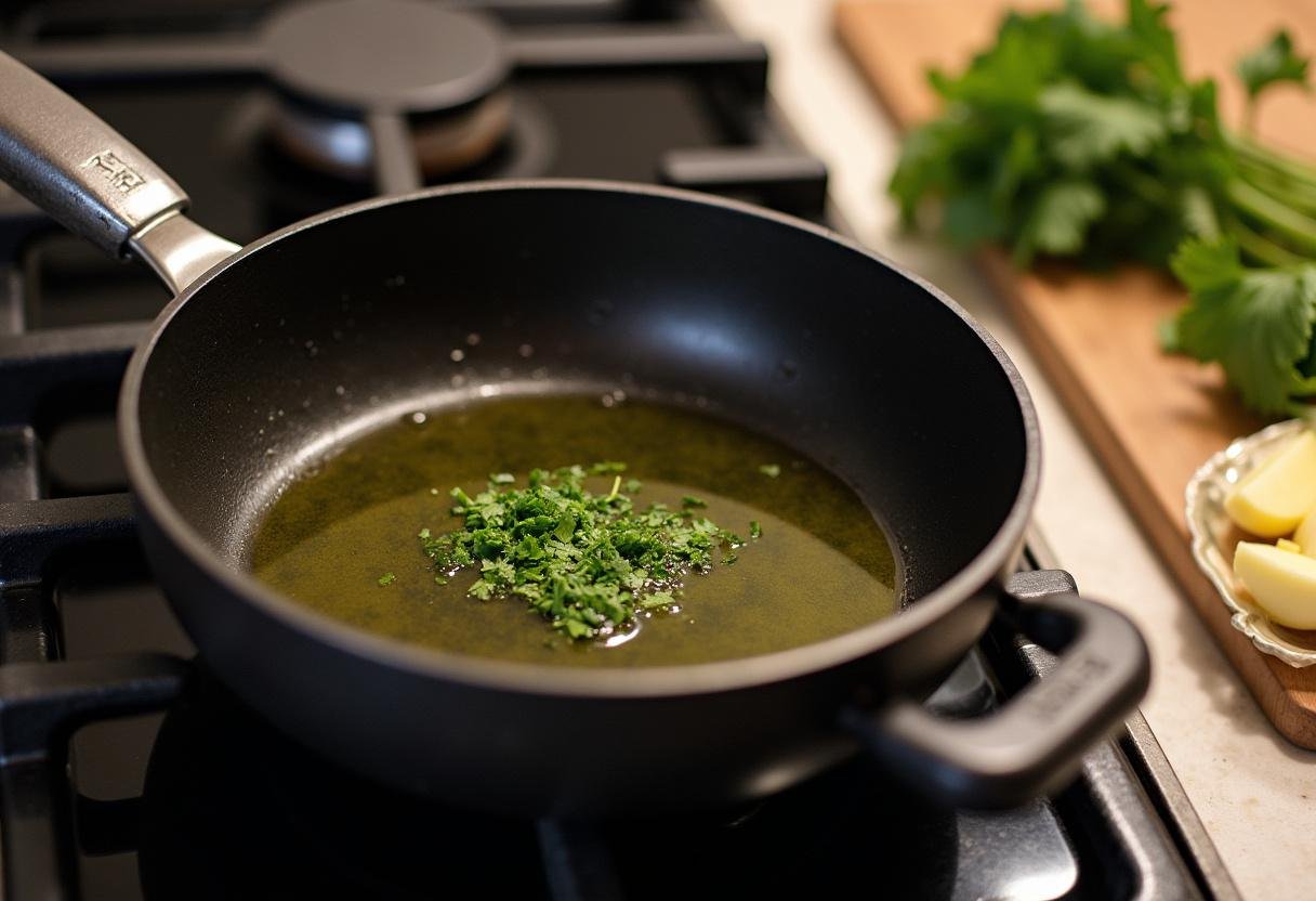 Aquecendo azeite para fritar bacalhau, ingredientes ao lado para Bacalhau à Lagareiro Clássico.