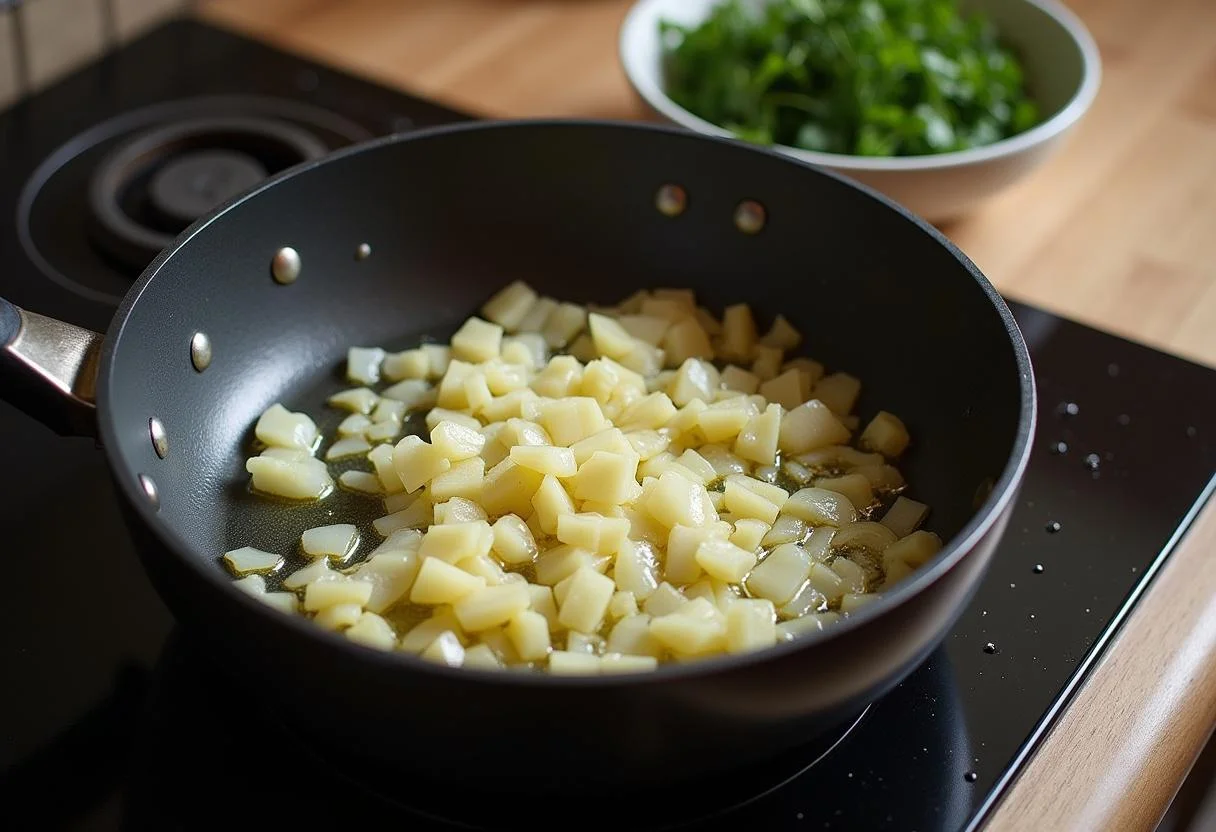 Cebolas e alho picados sendo refogados em azeite para o Bacalhau à Moda de Beja Saboroso.