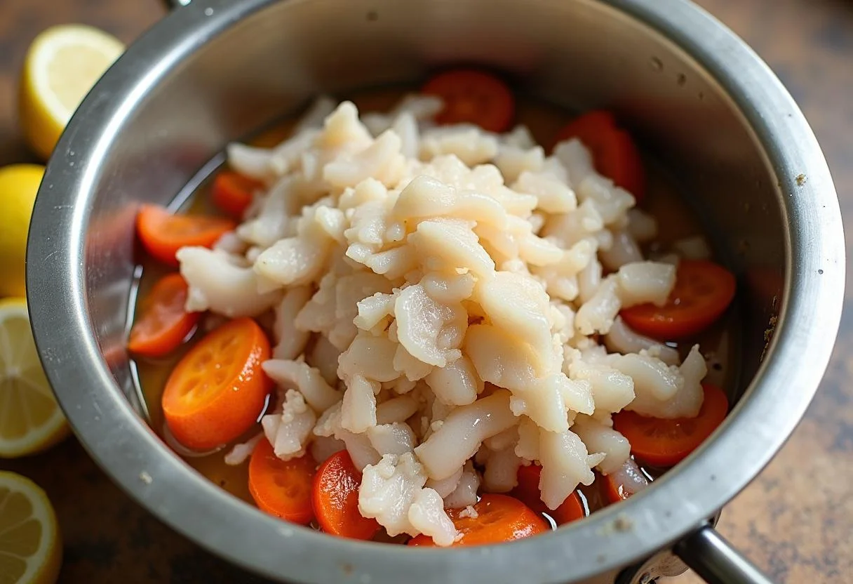 Bacalhau salgado demolhado e desfiado preparado para a receita de Bacalhau à Moda de Beja Saboroso.