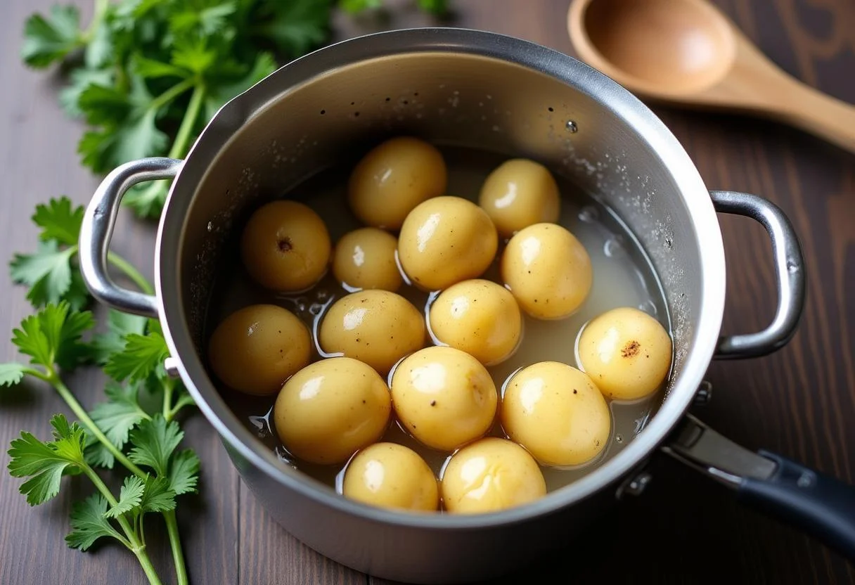Batatas cozidas sendo escorridas para a preparação do prato de Bacalhau à Moda de Beja Saboroso.