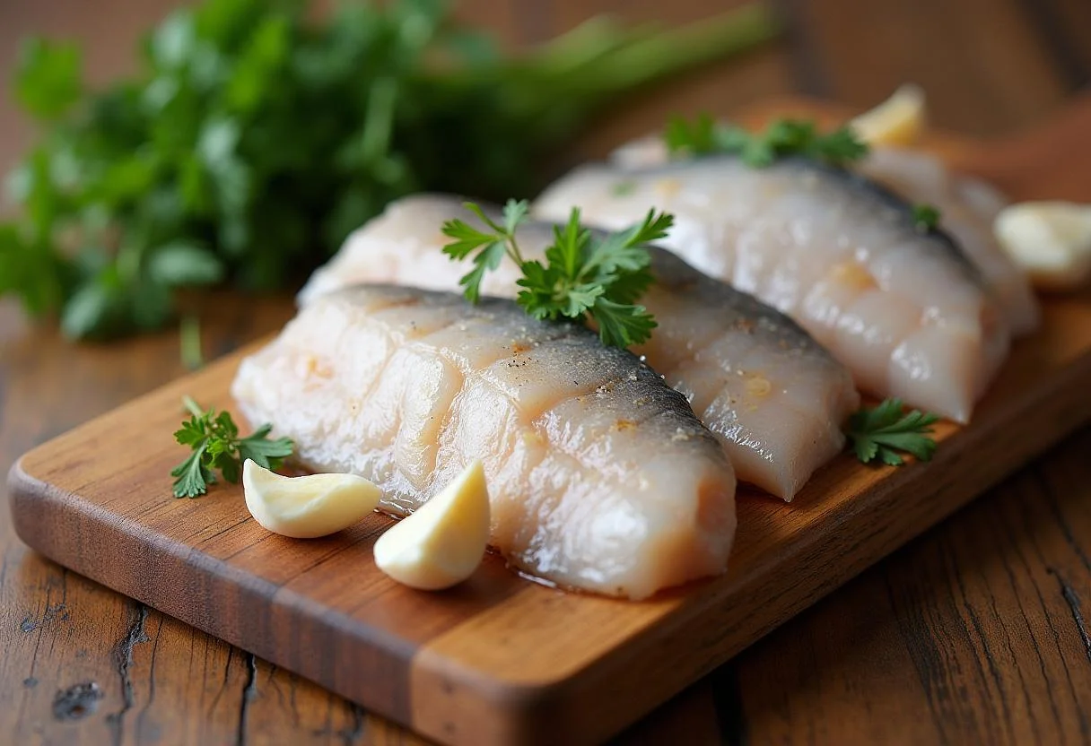 Bacalhau de molho com salsinha e alho para a receita de Bacalhau à Moda de Bragança Rico.