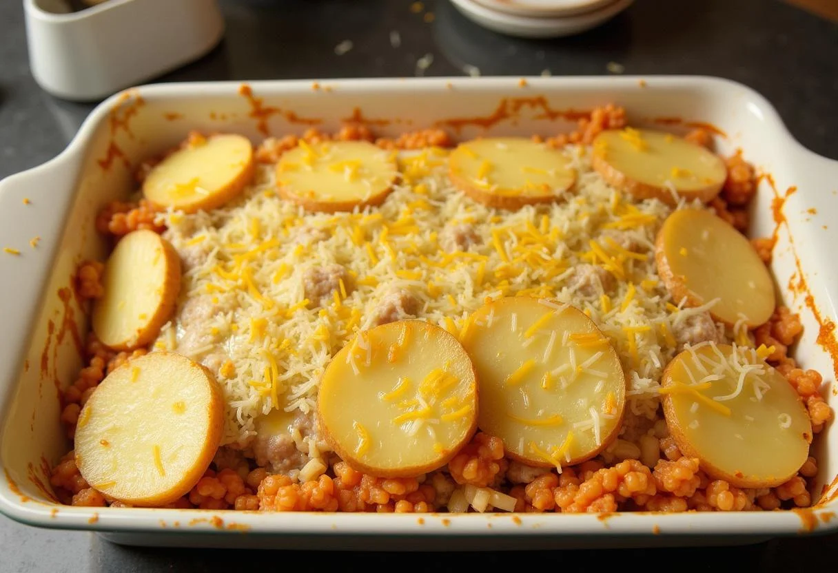 Cabo e batatas sendo montados na travessa para Bacalhau à Moda de Bragança Rico.
