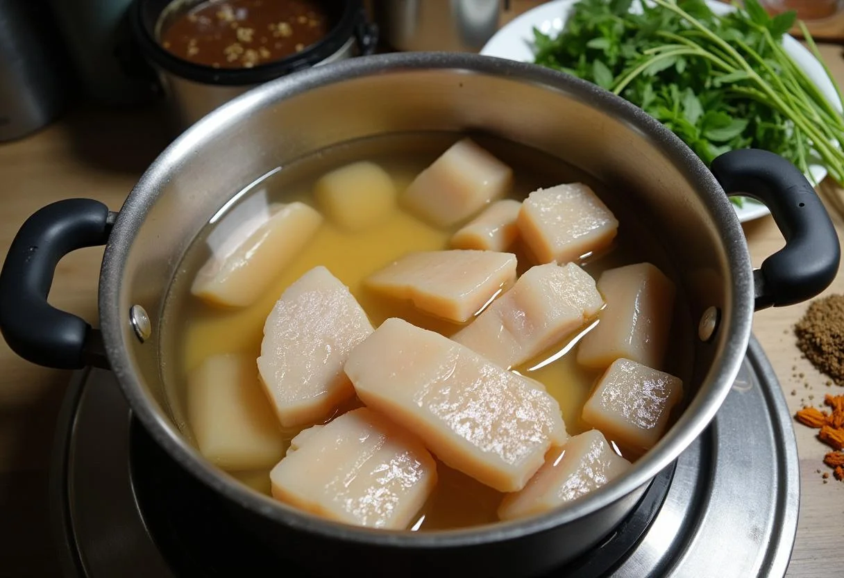 Bacalhau sendo dessalgado em água para a receita de Bacalhau à Moda de Chaves Rico.