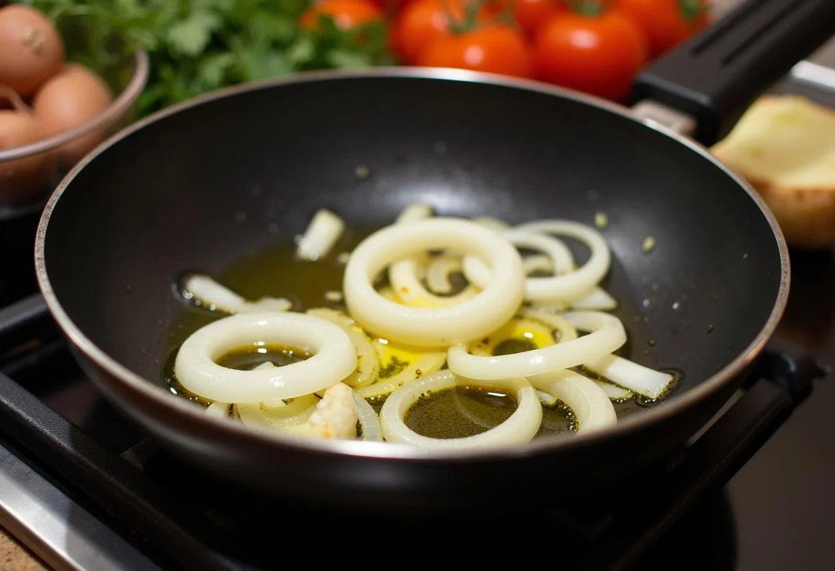 Cebolas fritas em azeite para a preparação do Bacalhau à Moda de Chaves Rico.